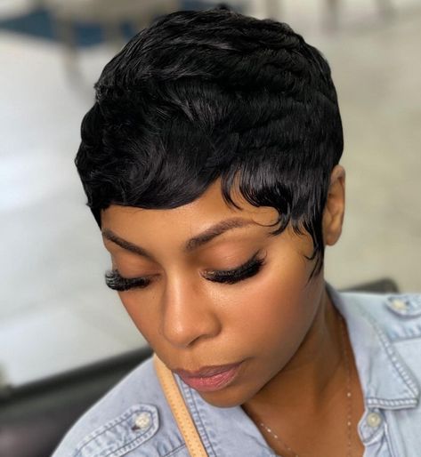 Perfect Pixie Weave with Waves Short Hair Weave Styles, Short Weave Hairstyles Sew Ins, Short Hair Weaves, Pixie Weave, 27 Piece Quick Weave, Short Curly Weave, Short Quick Weave Hairstyles, Weave Bob Hairstyles, 27 Piece Hairstyles