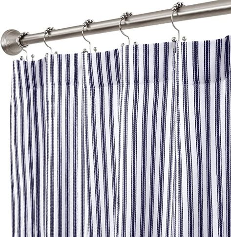 Amazon.com: Cackleberry Home Navy Blue and White Ticking Stripe Woven Cotton Shower Curtain Extra Long 72 Inches W x 84 Inches L: Furniture & Decor Ticking Stripe Shower Curtain, Chinoiserie Bathroom, Ticking Stripe Curtains, Stripe Shower Curtain, Waffle Weave Shower Curtain, Cool Shower Curtains, Blue Shower Curtains, Blue And White Fabric, Cotton Shower Curtain