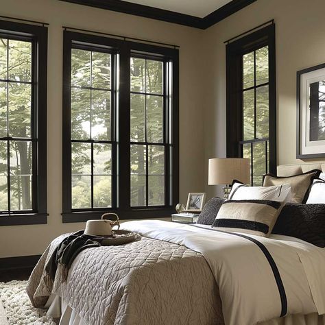 How to Incorporate Black Trim into Your Interior Design • 333+ Art Images Homes With Black Trim Inside, White Room Dark Trim, Bedroom With Black Windows, Black Moulding Trim Interior Design, Black Trim Bedroom Ideas, Rooms With Black Trim, Bedroom With Black Trim, White Walls Brown Trim, Paint Window Trim Black