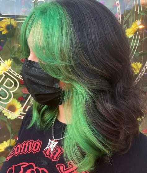 A picture of a hairstyle with green bangs and under dye with a dark brunette top. Green Hair Aesthetic Grunge, Cute Green Hair Ideas, Hair Split Color Ideas, Black N Green Hair, Green Under Dye Hair, Green Hair Colour Ideas, Black Hair With Green Front Pieces, Hair Colour Ideas Green, Short Hair With Green Underneath