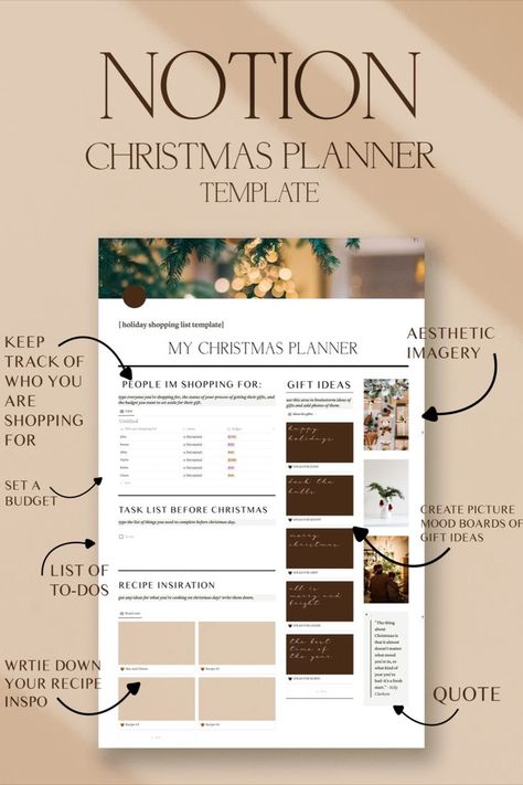 Are you stressed about the upcoming holiday season?  If so, this template is perfect for you! I made this template to help others organize their busy Christmas to-dos. In this template, you can record who you want to shop for, the progress of purchasing their gift, as well as set a budget per person. Not only that, but I also included a simple task list for the long list of thoughts you need to write down. For those who host a Christmas gathering, or just plan on making tasty treats during the h Notion Christmas, Business Daily Planner, Notion Template Ideas, 2023 Minimalist, Branding Mood Board Inspiration, Shopping List Template, Life Planner Organization, Planner Brands, Template Notion