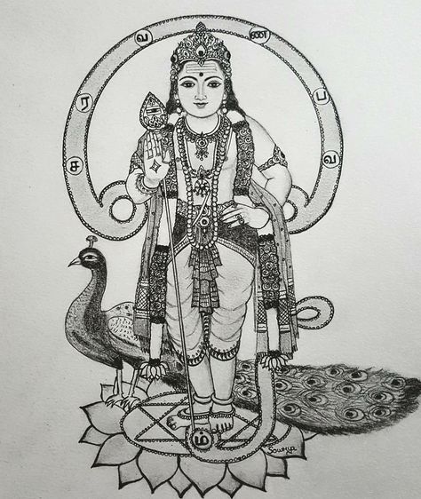 Murugan Images Drawing, Murugan Pencil Drawing Images, Murugan Drawing Pencil, Lord Murugan Drawing, Murugan Art Sketch, Murugan Drawing, Thanjavur Painting, Interesting Drawings, Boho Art Drawings