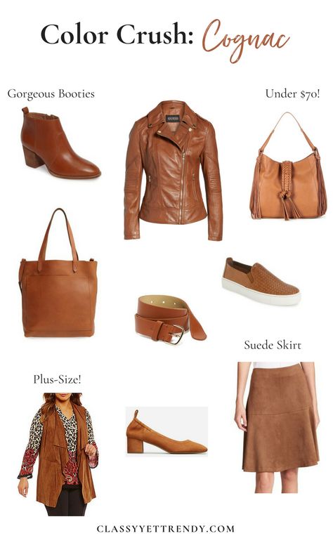 Color Crush: Cognac - Cognac is a popular color in fashion.  The warm brown color tone pulls together an outfit and also adds texture.  See where to find items like a leather or suede jacket, skirt, tote, handbag, crossbody, belt, boots, sneakers and flats. Cognac Purse Outfit, Toffee Outfits, Outfits With Cognac Boots, Colors That Go With Brown Outfits, Cognac Outfit, Cognac Boots Outfit, Cognac Bag, Cognac Shoes, Belt Boots