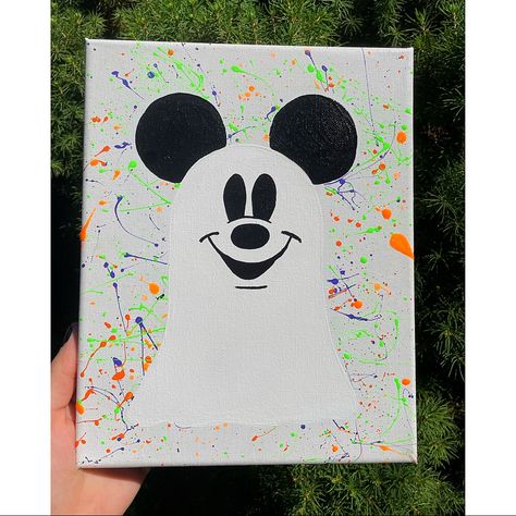 Ghost Mickey Mouse | Splatter Paint Canvas | Hand Painted | Halloween Wall Art 8inch X 10inch Cotton Stretched Canvas. Hand Painted By Myself! Splatter Paint Background With Orange, Green & Purple. Paint Is Black Light Reactive. Ghost Mickey Mouse Perfect For Any Disney Or Halloween Fan! Open To Reasonable Offers. Please Comment With Any Questions. Spooky Season, Halloween, Ghost Mickey, Mickey Mouse, Disney Disney Halloween Paintings On Canvas, Neon Ghost Painting, Spooky Chalk Art, Halloween Paintings On Canvas For Kids, Kids Room Canvas Painting, Simple Halloween Canvas Paintings, Disney Halloween Painting, Halloween Canvas Art For Kids, Halloween Canvas Art Diy