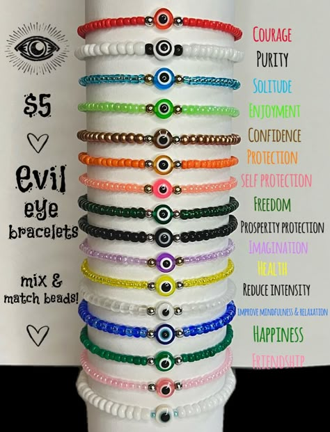 Bracelet, evil eyes, rainbow, colorful, spiritual, handmade Gel Bracelets Meaning, Evil Eye Types, Aesthetic Evil Eye Bracelets, Evil Eye Bracelet Ideas Diy, Rainbow Evil Eye Bracelet, Bracelet Ideas Evil Eye, Evil Eye Bracelet Ideas, Evil Eye Jewelry Diy, Evil Eye Bracelet Diy