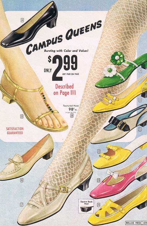 1960's shoe advertisement - campus queens! 60s Shoes, 1960s Shoes, 70s Shoes, 1960 Fashion, 60s 70s Fashion, 60s And 70s Fashion, Fashion 1960s, Sixties Fashion, Look Retro