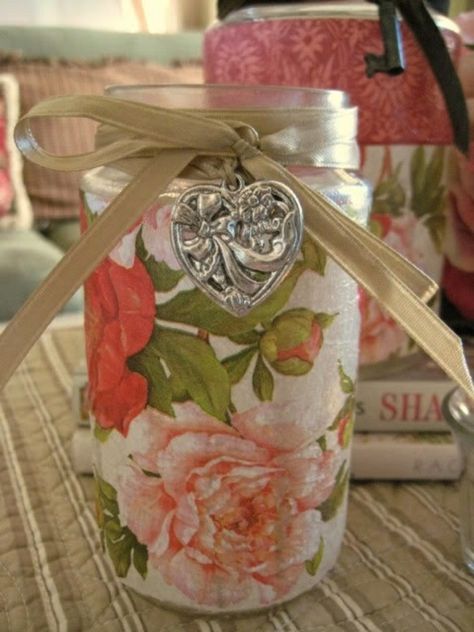 40 Amazing Paper Napkin Craft Ideas Pretty Napkins, Napkin Crafts, Crystal Light Containers, Repurposed Bottles, Stenciled Furniture, Napkin Art, Decoupage Jars, Decorated Bottles, Decoupage Projects