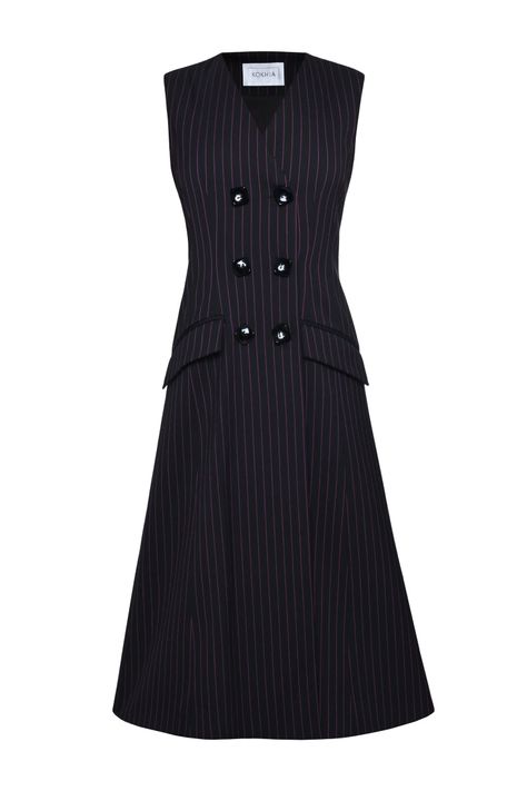 Double breasted midi dress in pinstripe fabric. Can be worn open as a vest. - Midi dress - Double breasted - Pinstriped fabric - Lined Composition: 100% Wool, Lining: 100% Viscose Model wears size: S Pinstripe Fabric, Pink Pinstripe, Knitwear Outfit, Pinstripe Dress, Dresses By Length, Black And Pink, Black Midi Dress, Fall Dresses, Swimwear Tops