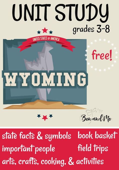 FREE Wyoming unit study from Ben & Me. Includes extensive book list, famous people and landmarks, state history, field trip ideas, arts and crafts and regional recipes! Geography Activities, Wyoming State, Virtual Field Trips, Book Baskets, Unit Studies, Facts For Kids, Unit Study, Home Learning, Study Unit