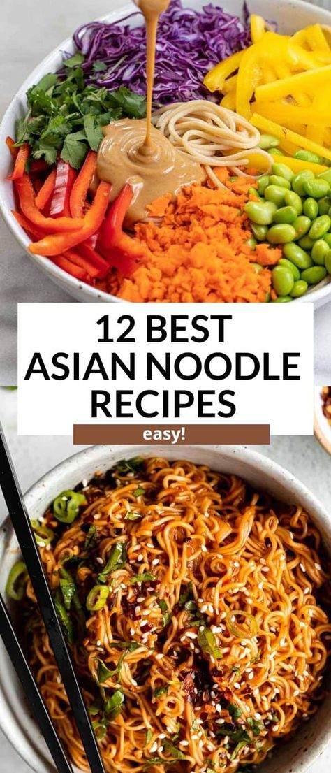 These asian noodle recipe are easy to make, healthy and vegan friendly. From peanut noodles, sesame noodles, thai noodle salad, spicy ramen noodles and more. These noodles are easy, healthy, vegetarian and packed with flavor. Noodle Bowls Asian, Thai Noodle Bowl Recipes, Thai Peanut Noodle Bowl, Noodle Bowl Recipes Ramen, Recipes With Thai Noodles, Vegan Noodle Bowl, Thai Peanut Noodles Recipe, Cold Ramen Salad, Chinese Cold Noodle Recipes