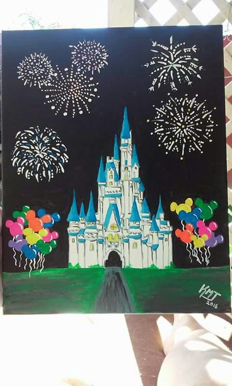 Cinderella castle at night painting Magic Kingdom Painting, Disney World Paintings On Canvas, Disney Castle Canvas Painting, Disney Castle Painting Acrylic, Disneyland Castle Painting, Disneyland Paintings Easy, Disney Easy Paintings Canvases, Cinderella Castle Painting, Disney World Painting