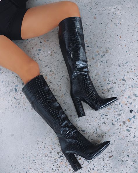 MILLA - BLACK CROC-Boots-Billini-Billini Croc Heels, Boots 2020, Heels Aesthetic, Chunky Heel Boots, Heels Classy, Chunky Heels Boots, Boots Heels, Heels Boots, Long Boots