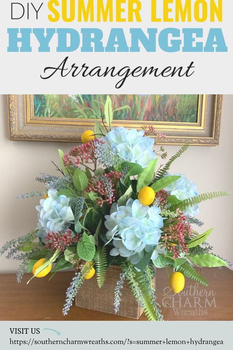 Learn how to create a lemon and hydrangea arrangement for your entryway or for your mantle.  Step by step instructions, that are easy to follow, will guide you through the process and will help your DIY floral project to go more smoothly. Diy Rustic Table, Lemon Centerpiece, Wreath Making Business, Making Centerpieces, Lemon Centerpieces, Hydrangea Arrangement, Hydrangea Centerpiece, Hydrangea Arrangements, Blue Hydrangeas