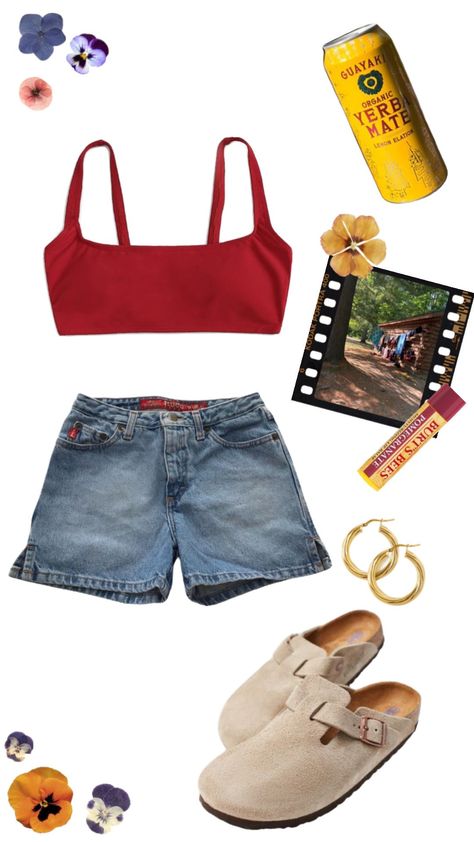 #outfits #outfitinspo #outfitidea #summer #summeroutfit #granola #granolagirl #granolagirlaesthetic #aesthetic #summeraesthetic #hippievibes #red #shorts #birkenstocks #flowers #yerbamate #nature #vibes Overall Shorts Outfit, Granola Girl Aesthetic, Nature Vibes, Hippie Vibes, Granola Girl, Red Shorts, Summer Aesthetic, Granola, Short Outfits