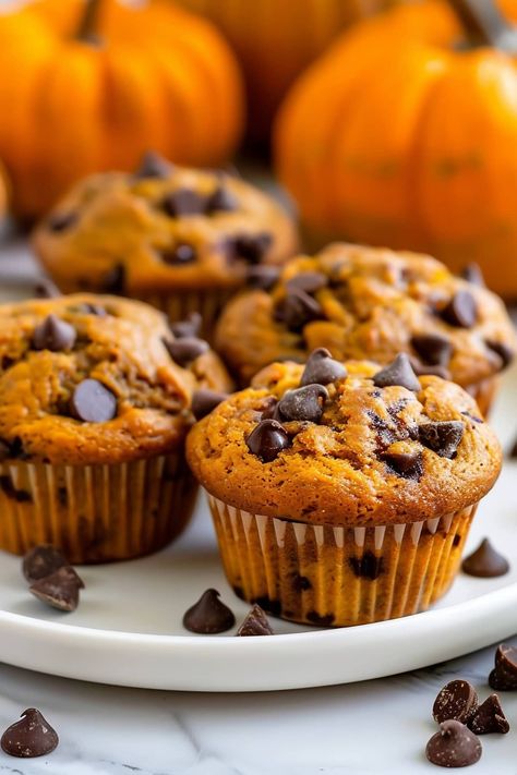 Start your day with a pumpkin spiced latte and these pumpkin chocolate chip muffins! They're insanely moist, with gooey chocolate chips in every bite. Pumpkin Chocolate Chip Muffin Recipe, Pumpkin Bread Muffins, Chocolate Pumpkin Muffins, Pumpkin Chip, Pumpkin Muffins Easy, Dairy Free Pumpkin, Pumpkin Muffin Recipes, Pumpkin Chocolate Chip Muffins, Chocolate Pumpkin