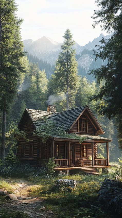 Serene rustic mountain cabin nestled among lush woods Old Cabins In The Woods Rustic, Cabins In Mountains, Wood Cabin Exterior, Cabin In The Woods Aesthetic, Rustic Mountain Cabin, Cabin In Woods, Cabin In The Forest, Cozy Cabin In The Woods, Forest Homes