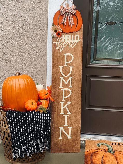 Homemade hand crafted by me. Hello Pumpkin Porch Leaner, Pumpkin Welcome Signs For Porch, Hello There Pumpkin Sign, Fall Porch Crafts Diy, Hello Pumpkin Sign Diy, Fall Porch Welcome Signs, Welcome Pumpkin Signs, Hello Pumpkin Porch Sign, Pumpkin Porch Leaner