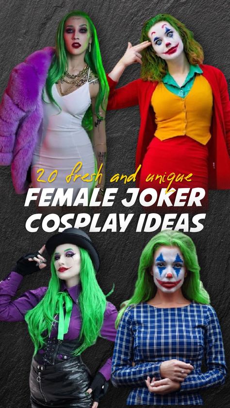 Female Joker Halloween Costume Ideas, Halloween Costumes Women Villian, Lady Joker Costume Ideas, Women's Joker Costume, Joker Costume Diy Female, Diy Female Joker Costume, Costumes With Green Hair, Joker Costume For Women, Green Hair Costume Ideas