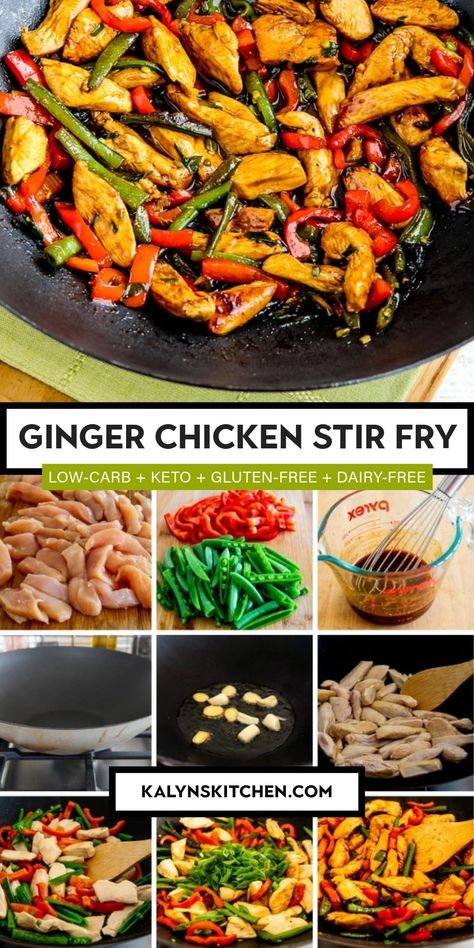 Pinterest image collage for Ginger Chicken Stir Fry showing a wok containing prepared stir fry ready to serve and several smaller photos showing steps in the preparation process. Low Carb Stir Fry Recipes, Ginger Chicken Stir Fry, Stir Fry Low Carb, Island Recipes, Cabbage Stir Fry, Chicken And Cabbage, Low Carb Chicken Recipes, Ginger Chicken, Carb Dinner