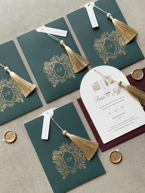 Gold and green arch letterpress wedding invitation for New Years Eve wedding at Elmore Court Tassel Wedding Invitation, Tassel Invitation, Quince Planner, Green Arch Wedding, Creative Wedding Invitations Design, Arch Invitation, Arch Wedding Invitation, Green Arch, Invitation Pocket