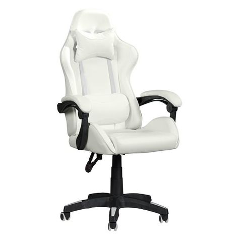 This Office Gaming Chair focuses on ergonomics, design, and functionality. Designed to give a wide range of adjustability that gives gamers the best comfort and support. The high-grade PVC fabric is durable and easy to clean. The smooth-rolling casters and 5-star base offer added stability and greater freedom of movement within your gaming space. The back and neck pillows paired with the molded high-density foam cushion seat are supportive and will keep you in comfort for those long gaming sessi White Gamer Chair, White Chair For Bedroom, White Gaming Chair, White Rocking Chairs, Comfortable Desk, Office Gaming Chair, Gamer Chair, Gaming Space, Gaming Furniture