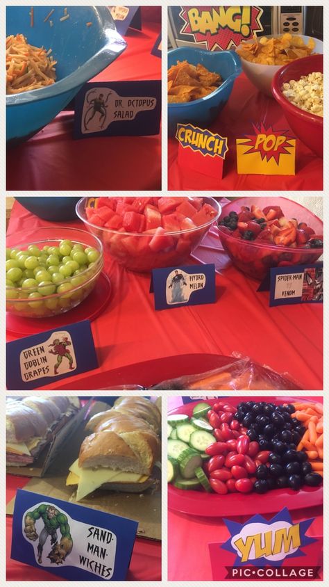 Spider-Man Birthday Party food Avenger Party Food Ideas, Spider Man Party Decorations Birthday Ideas, Spiderman Party Snack Ideas, Marvel Birthday Food Ideas, Marvel Theme 1st Birthday, Spider Man Birthday Snack Ideas, Spider Man Themed Birthday Party Ideas, Spiderman Party Foods, Venom Birthday Party Food Ideas