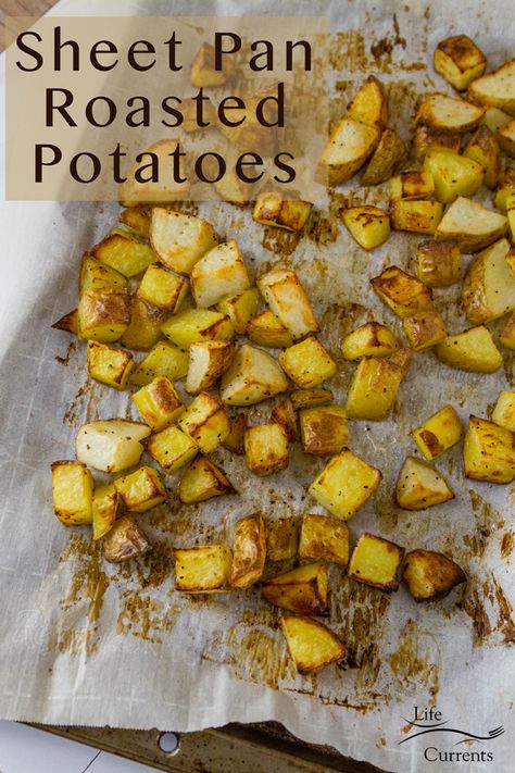 Sheet Pan Roasted Potatoes on parchment paper on a sheet pan with the title Sheet Pan Roasted Potatoes, Oven Casserole Recipes, Pan Roasted Potatoes, Easy Roasted Potatoes, Food Rocks, Cooked Potatoes, Potatoes In Oven, Roasted Potato Recipes, Sheet Pan Dinners