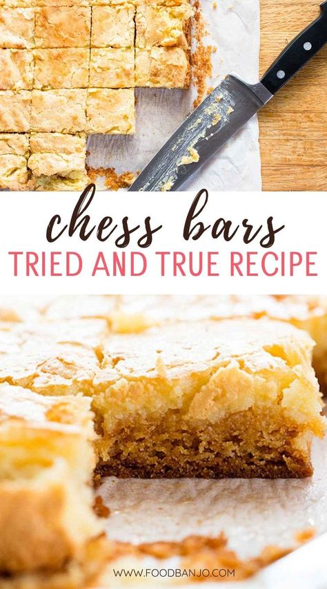 chess bars - tried and true recipe Chess Bars Recipe, Cream Cheese Bars Recipe, Chess Bars, Chess Cake, Chess Squares, Cake Bars Recipe, Cheese Bars, Easy Bar Recipes, I Lost 100 Pounds