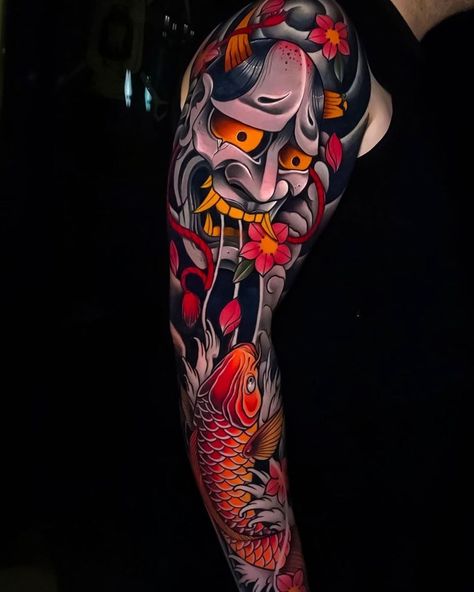 Samurai Tattoo Color, Traditional Japanese Tattoo Sleeve, Japanese Tattoo Sleeve, Masque Hannya, Japanese Leg Tattoo, Koi Tattoo Sleeve, Mangas Tattoo, Japanese Tattoos For Men, Oni Tattoo