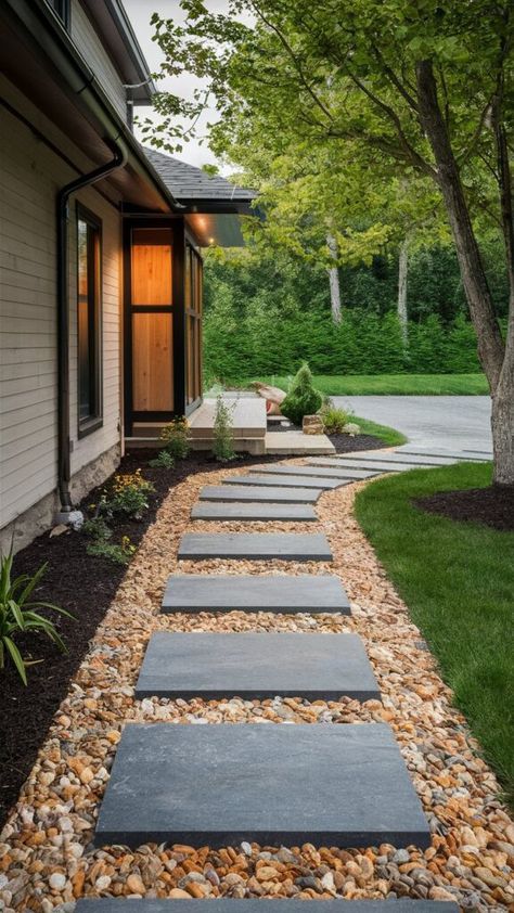 Landscaping Entryway, Walkways To Front Door, Front Yard Walkway, Front Path, Gravel Walkway, Stepping Stone Walkways, Step Stones, Modern Front Yard, Walkways Paths