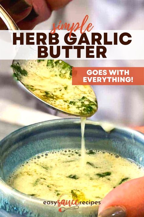 Melted garlic butter in a dish with a spoon. Garlic Herb Butter Pasta, Garlic Butter Sauce For Vegetables, Garlic Butter Sauce For Bread, Garlic Parsley Butter, Garlic Butter Sauce For Potatoes, Garlic Herb Pasta Sauce, How To Make Garlic Butter For Steak, Making Garlic Butter, Garlic Butter Sauce For Steak