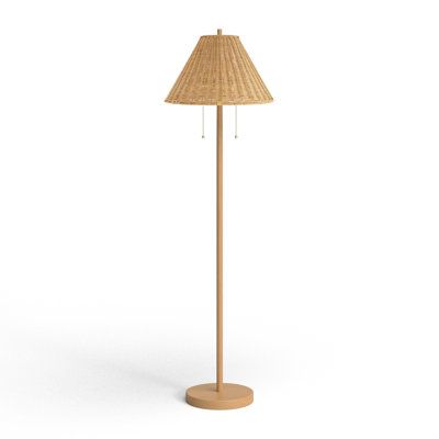 Our mid-century-inspired rattan floor lamp has a modern, conical shade that adds tropical chic to any room. Use two LED bulbs to provide bright light for reading, or light just one for a moody ambiance. This classic lamp adds a retro touch to the living room, bedroom, or home office. | Joss & Main Igby Floor Lamp 61.0 H x 18.0 W x 18.0 D in brownMetal in Brown Wood | 61" H X 18" W X 18" D | Wayfair Nursery Floor Lamps, Pleated Floor Lamp, Living Room Floor Lamp Ideas, Nursery Floor Lamp, Standing Lamp Bedroom, Mini Mansion, College House Decor, Classic Lamp, Rattan Floor Lamp