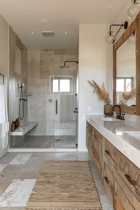 Organic Style Bathroom, Natural Color Bathroom Ideas, Modern Rustic Master Bath, Natural Wood Bathroom Ideas, Earthy Bathroom Design, Boho Master Bath Ideas, Tulum Style Bathroom, Organic Modern Master Bath, Natural Shower Design