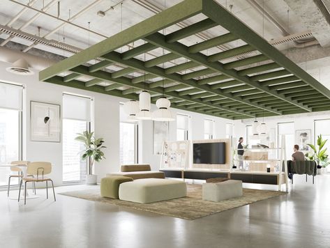 Best of Year Awards: Turf Design – Interior Design Open Office Ceiling Design, Open Office Ceiling, Grid Ceiling Design, Corporate Office Design Workspaces, Green Office Interior, Open Ceiling Design, Ceiling Design Office, Green Office Space, Acoustic Ceiling Design