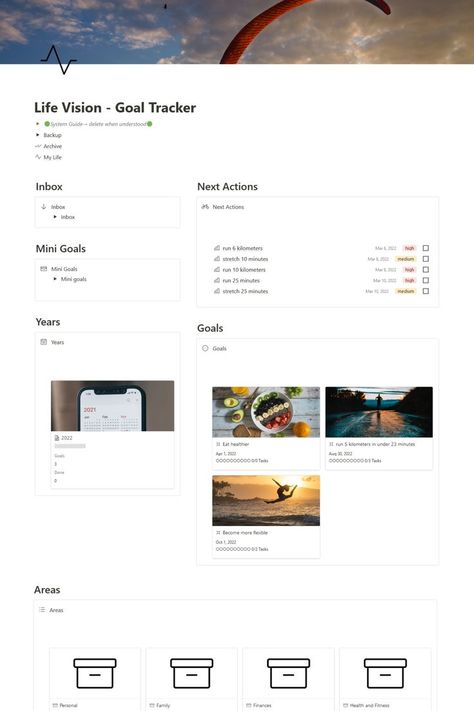 With this notion template you can track your goals and save what you want in life and what you want to achieve. This contains     Goal database
    Actions -> Tasks
    Monthly Goals
    Yearly Goals
    Areas
    A place to store your life vision
    A page where you can write down pros and cons for something you are not sure if you want to do it. Download now for free. Goal Tracker Template, Free Vision Board Template, Life Tracker, Goals Bullet Journal, Goals Template, Monthly Planner Template, Goal Tracking, Goal Journal, Tracker Template