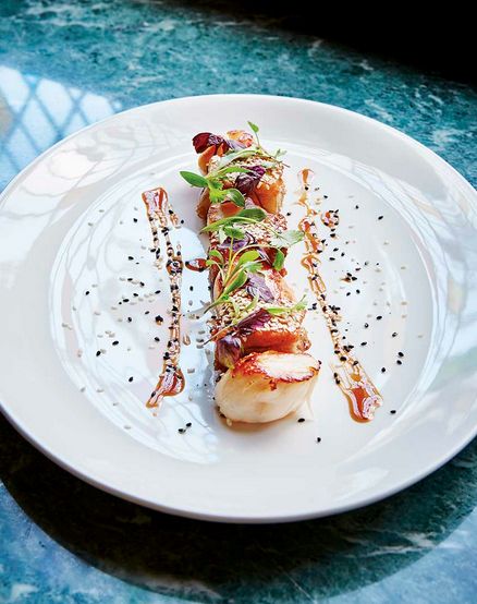 Gary Lee, The Ivy: Seared scallops with sesame pork, XO dressing and shiso Dinner Party Entertainment, Sesame Pork, Seared Scallops, Fine Dining Recipes, Scallops Seared, Travel Magazine, Food And Travel, The Ivy, Seafood Restaurant