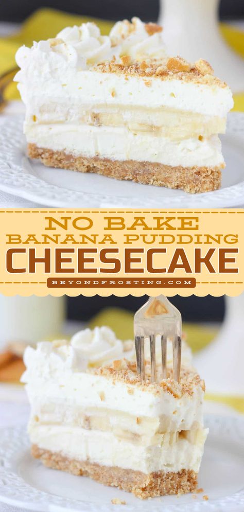 This no-bake banana pudding cheesecake recipe is the BEST! From the vanilla wafer crust all the way to the whipped cream topping, this banana cheesecake is an amazing summer dessert idea. Enjoy digging into this no-bake sweet! Banana Cream Pudding Cheesecake, Banana Cheesecake Recipe Easy, Easy No Bake Banana Pudding Cheesecake, Bannan A Pudding Cheesecake, Instant Pudding Cheesecake No Bake, Banana Cheesecake Recipe No Bake, Banana Pudding Crunch Cheesecake Recipe, Easy Banana Pudding Cheesecake, No Bake Pudding Cheesecake