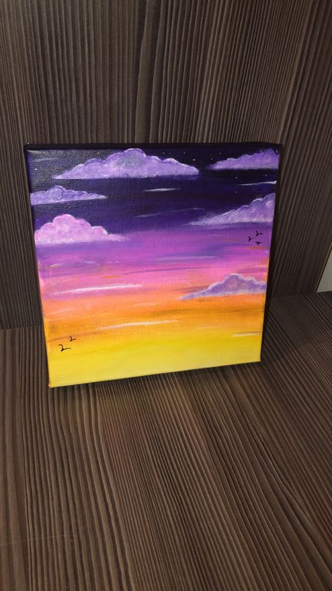 Pink Purple Sunset Painting, Purple Sunset Painting Easy, Purple And Yellow Painting, Purple Painting Ideas, Purple Sunset Painting, Pink Sunset Painting, Drawing Ideas On Canvas, Paint Beginner, Hobby Activities