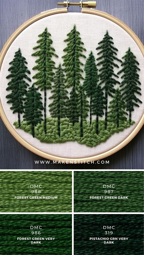 Nature Embroidery Simple, Easy Tree Embroidery, Redwood Tree Embroidery, Forest Embroidery Designs, Forest Animal Embroidery, Nature Embroidery Patterns, Forest Embroidery Pattern, Ferns Embroidery, Nature Embroidery Inspiration