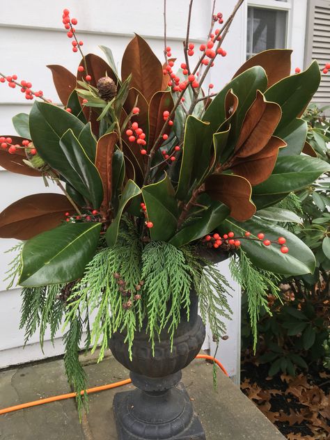 Christmas Magnolia Decor, Hydrangea And Magnolia Centerpiece, Flower Arrangements With Magnolia Leaves, Christmas Tree Magnolia, Magnolia Leaf Christmas Decor, Holiday Porch Pots, Magnolia Floral Arrangements, Winter Porch Pots, Magnolia Christmas Decor