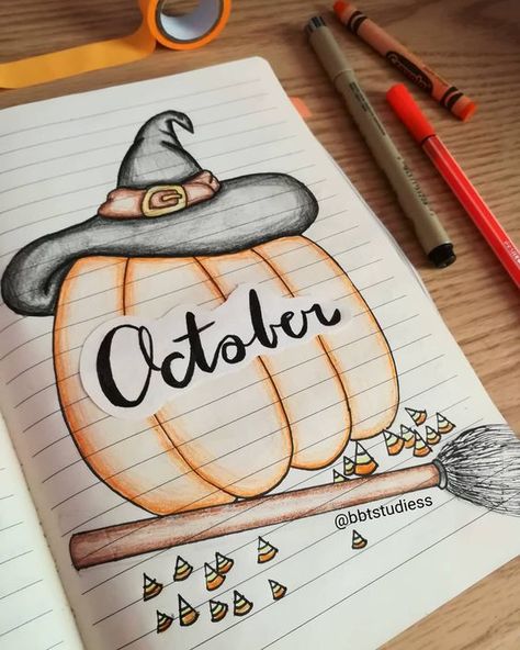 October Bujo Theme, Preppy Notes, October Bullet Journal Cover, Halloween Bujo, Calender 2022, Halloween Bullet Journal, October Bujo, Bullet Journal Halloween, Cute Halloween Drawings