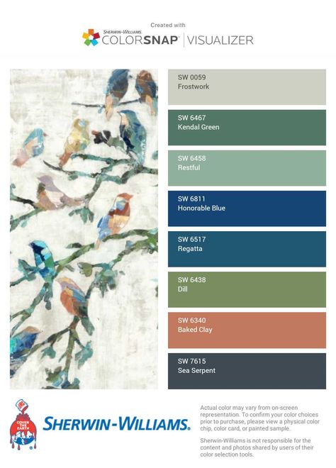 Green And Gray Paint Scheme, Green And Blue Color Palette Living Room, Lake Colors Palette, Ceiling Color Ideas Living Room, Color Palette With Green And Blue, Navy Blue Green Color Palette, Sherwin Williams Restful, Blue And Green Living Room Color Scheme, Blue Color Palette Living Room