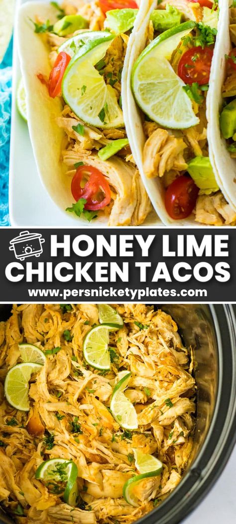 The meat in these slow cooker honey lime chicken tacos is tender, juicy, and full of flavor. With just 5 minutes of prep time, the crockpot does the heavy lifting, and because there are so few ingredients involved, you may already have what you need on hand! Top with your favorite toppings and enjoy a bright and zesty new taco recipe! Honey Lime Chicken Crockpot, Chicken For Tacos In Crockpot, Taco Recipes Crockpot, Chicken Lime Tacos, Honey Lime Chicken Tacos, Pomegranate Desserts, Crockpot Tacos, Mexican Crockpot, Crockpot Chicken Tacos