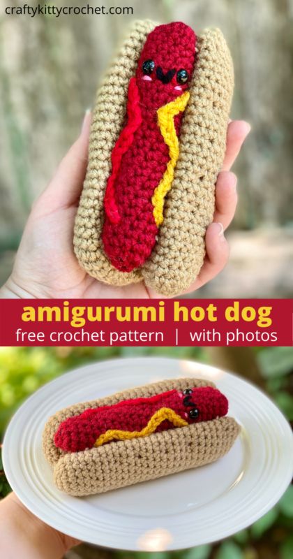 Hot Dog Crochet Pattern Free, Crochet Hotdogs, Amigurumi Hot Dog, Crochet Hot Dog Pattern Free, Hot Dog Crochet Pattern, Crochet Fast Food, Crochet Hamburger Pattern Free, Amigurumi Food Pattern, Crochet Sandwich Pattern Free