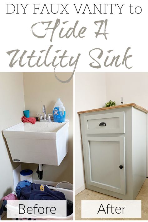 This step-by-step tutorial walks you through how to make a DIY faux vanity to hide a utility sink. Because utility sinks aren't often pretty to look at, this faux vanity is the perfect solution. You can easily remove it to access plumbing if necessary. Utility Sink In Bathroom Vanity, Utility Sink Skirt Diy, Pretty Utility Sink, Built In Utility Sink, Laundry Room Vanity With Sink, Hide Utility Sink, Utility Sink Cover, Utility Sink Skirt, Utility Sink Makeover