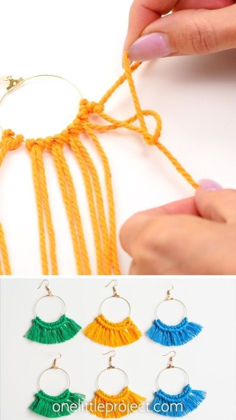 Diy Yarn Earrings, Diy Earrings Tutorial, Diy Macrame Earrings, Anting Manik, Pola Macrame, Earrings Diy Handmade, Diy Earrings Easy, Diy Fabric Jewellery, Crochet Earrings Pattern