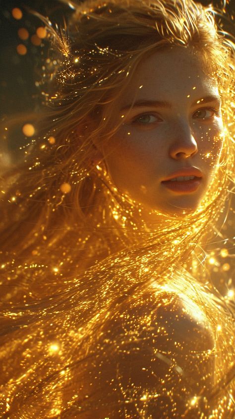 Golden fairy Golden Fairy Aesthetic, Sun Princess Aesthetic, Blonde Fairy Aesthetic, Golden Fairy Wings, Sun Goddess Aesthetic, Elven Magic, Sun Fairy, Golden Portrait, Long Golden Hair