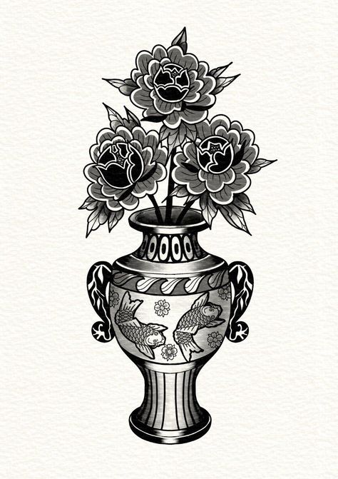 Japanese Traditional Tattoo Flowers, Flower Vases Tattoo, Japanese Vase Drawing, Traditional Vase Tattoo Design, Engravers Tattoo, Vase And Flower Tattoo, Traditional Flower Vase Tattoo, Japanese Vase Tattoo, Vase Traditional Tattoo