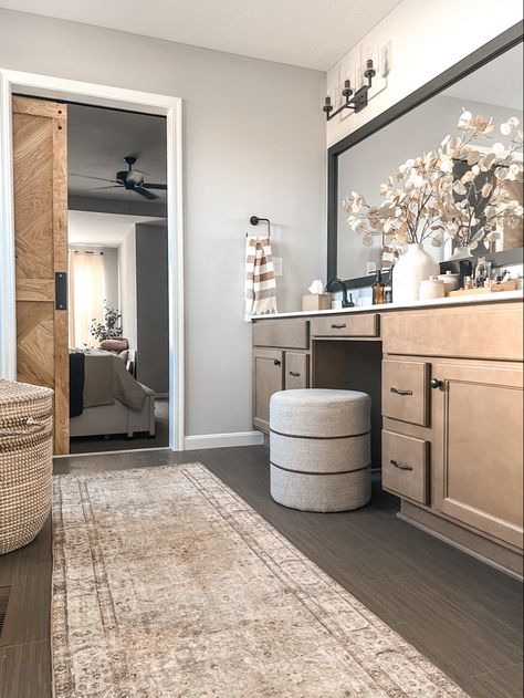 Bathroom With Carpet, Bath Runner Rugs Master Bathrooms, Master Bath Runner Rug, Bathroom Area Rug Master Bath, Dark Floors In Bathroom, Rug In Bathroom Ideas, Bathroom Rugs Ideas Master Farmhouse, Long Rug In Bathroom, Master Bath Rugs Placement