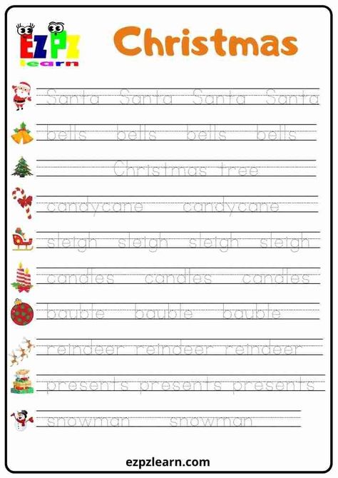 More fun with your teaching with Free Printable Tracing Vocabulary Worksheet topic Christmas worksheets for ESL teachers using for kindergarten, preschool and so on you can either download or print directly from our website. Free Printable Christmas Worksheets, Tracing Words, Word Tracing, Words Vocabulary, Kindergarden Activities, Christmas Worksheets, Free Printable Activities, English Phonics, English Activities